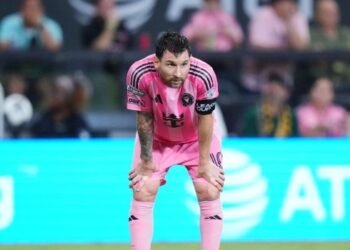 Lionel Messi #10 of Inter Miami CF reacts during the Leagues Cup Phase One match between Inter Miami CF and Leon at Nu Stadium on August 12, 2026 in Miami, Florida. Rich Storry/Getty Images/AFP (Photo by Rich Storry / GETTY IMAGES NORTH AMERICA / Getty Images via AFP)