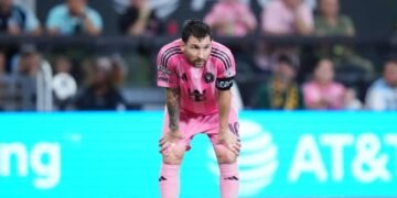 Lionel Messi #10 of Inter Miami CF reacts during the Leagues Cup Phase One match between Inter Miami CF and Leon at Nu Stadium on August 12, 2026 in Miami, Florida. Rich Storry/Getty Images/AFP (Photo by Rich Storry / GETTY IMAGES NORTH AMERICA / Getty Images via AFP)