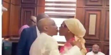 El-Rufai Kisses Wife as Wiretapping Trial Continues in Abuja