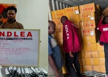 NDLEA officers and seized drug consignments during a drug trafficking interception at a Nigerian seaport.