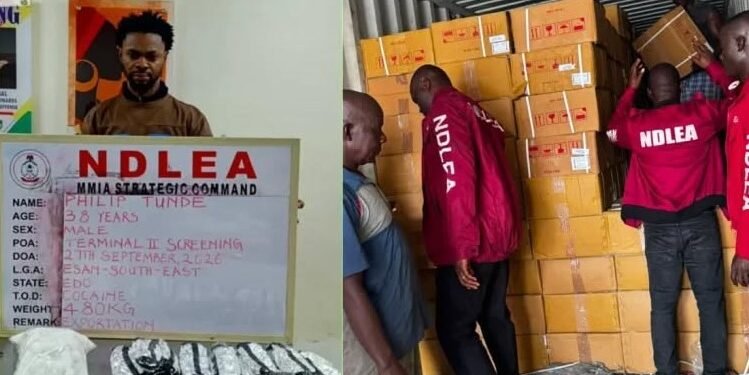 NDLEA officers and seized drug consignments during a drug trafficking interception at a Nigerian seaport.